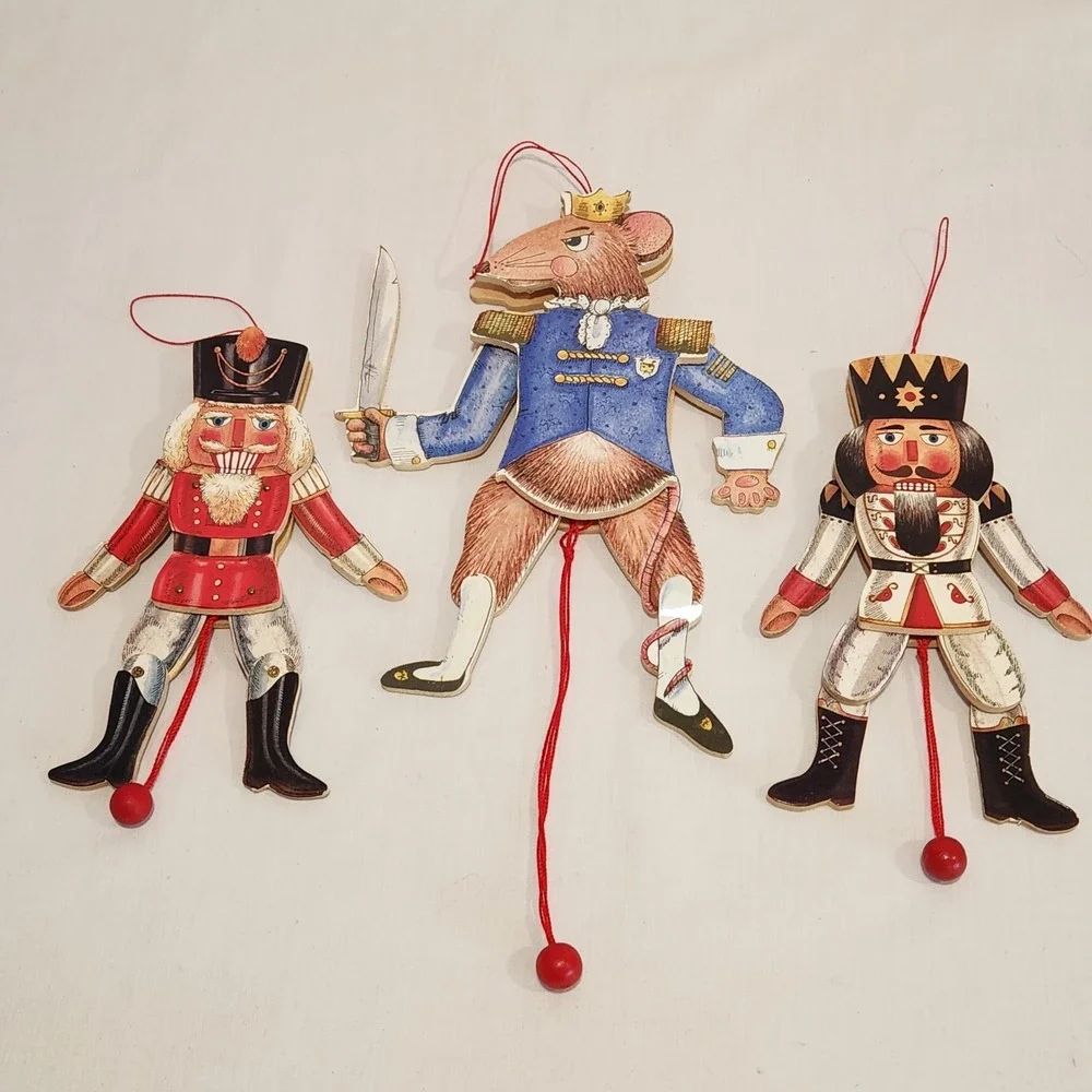 SET OF 3 VTG Jumping Jack Nutcracker‎ Wood Pull String Christmas Ornament 7.5